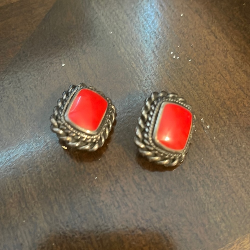 Red Cabochon and Sterling Silver Earrings